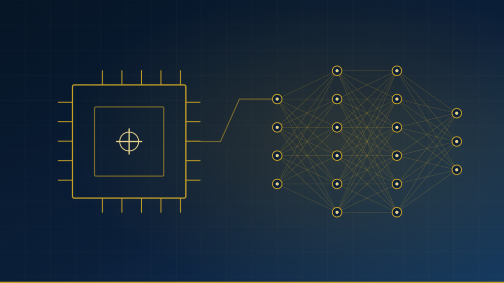 Computer chip connected to a neural network diagram, representing AI automation