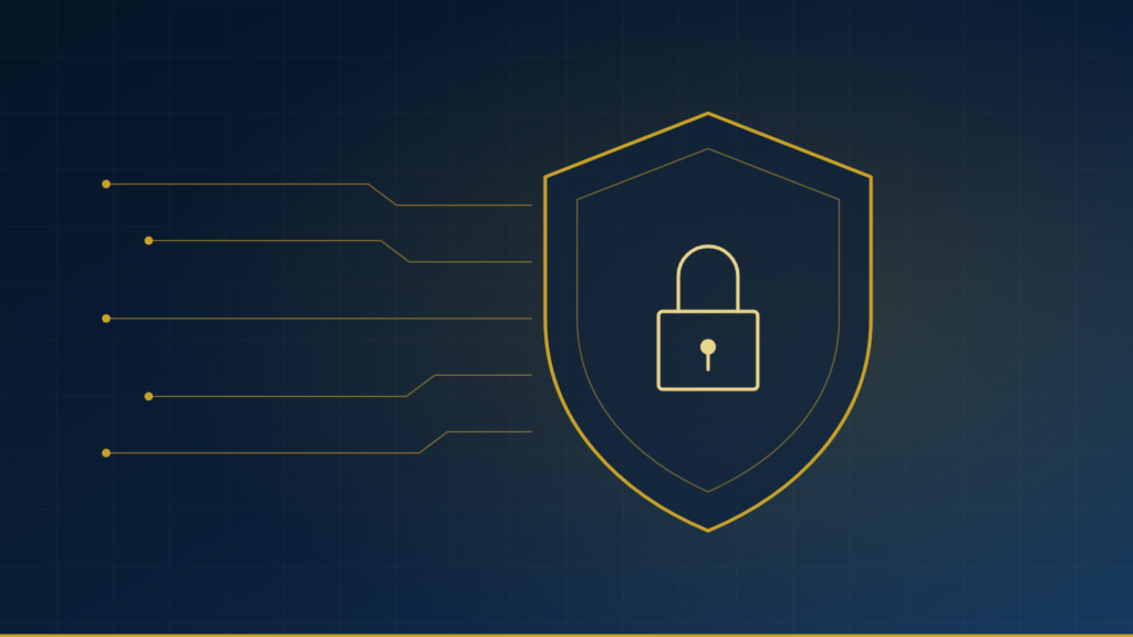 Shield with a padlock and circuit traces, representing cybersecurity