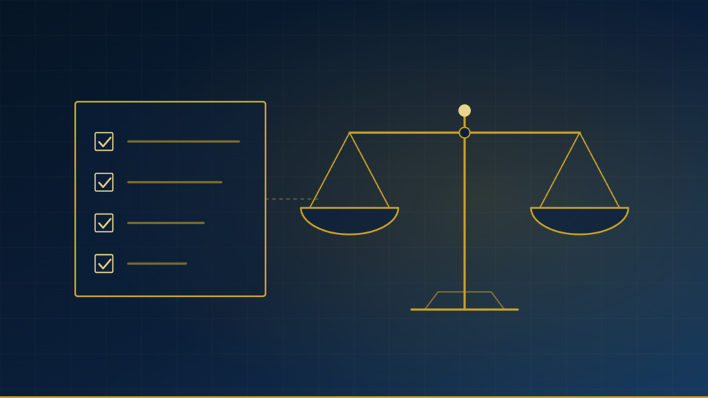 Compliance checklist beside a balance scale, representing governance, risk, and compliance