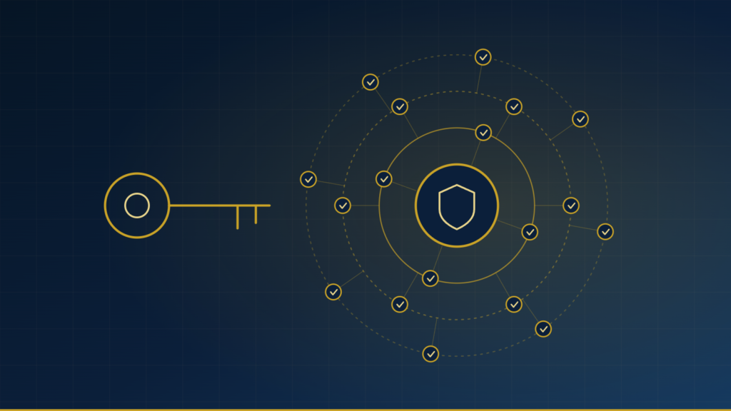 Concentric verification rings around a shield and key, representing zero trust